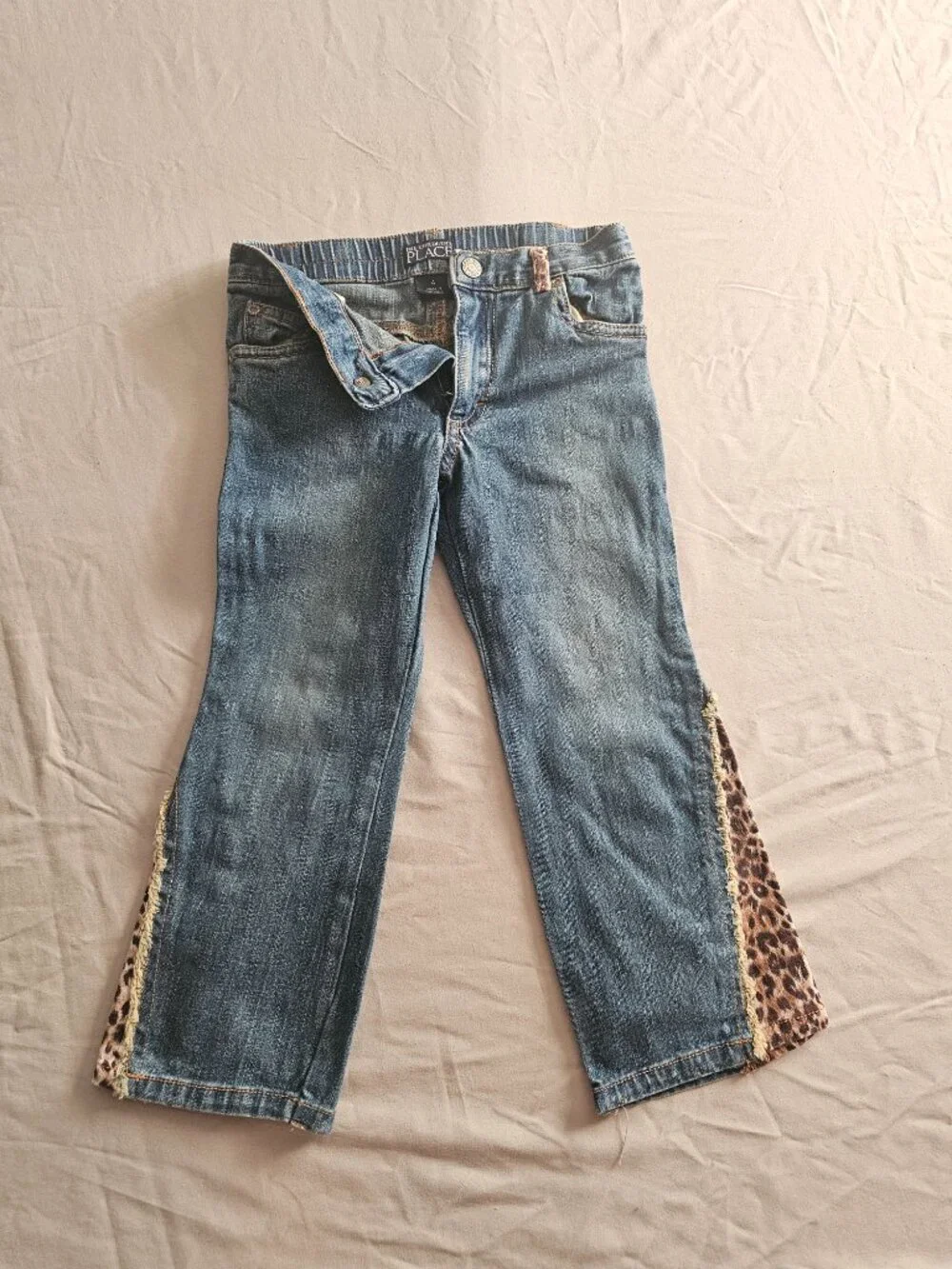VTG Y2K The Childrens Place Girls 4 Denim Jeans Leopard Cheetah Flare Insert